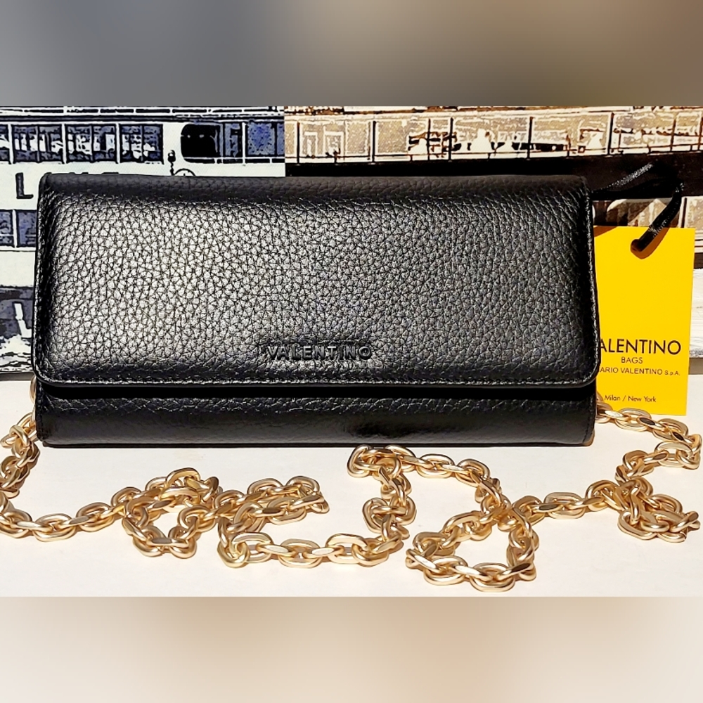 Valentino By Mario Valentino Black Leather Crossbody Bag with Gold Chain